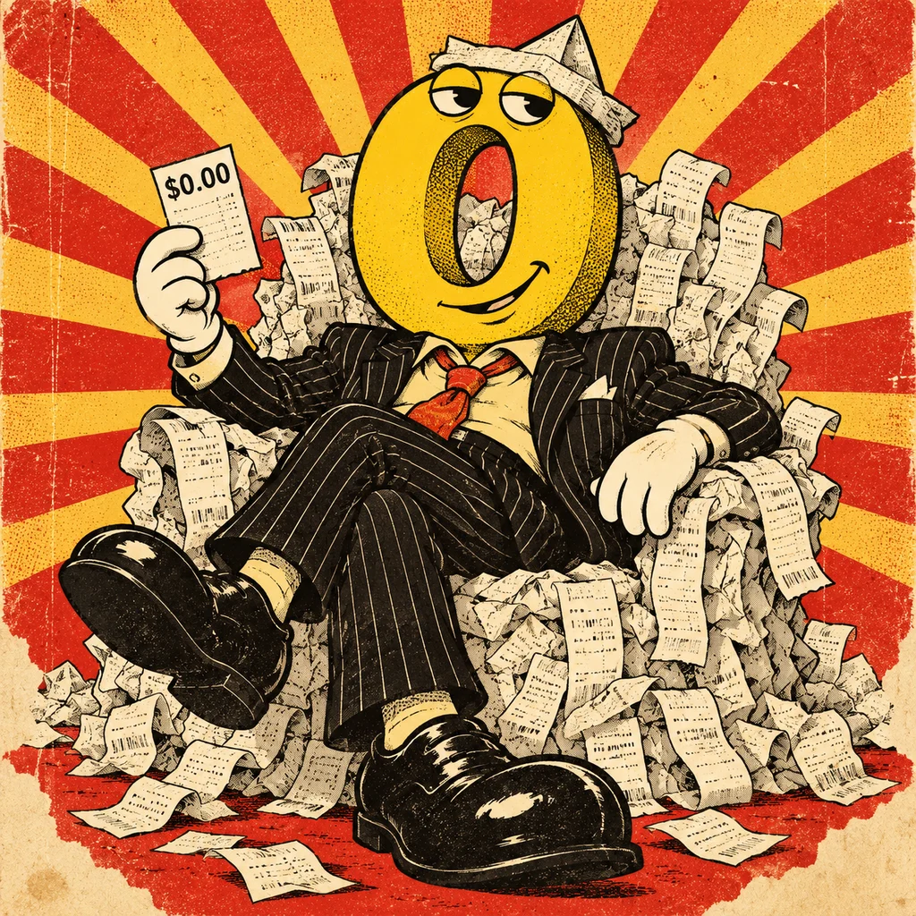 A smug yellow number zero wearing a folded paper hat and an oversized suit, reclining on a throne of receipts with a $0.00 statement.